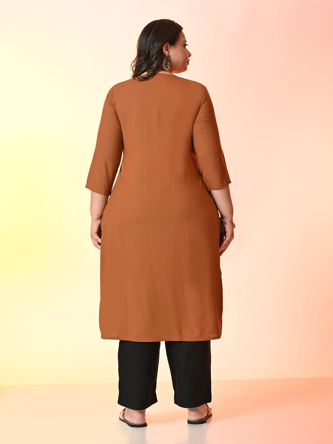 Plus Size Rust Pleated Front Straight Kurta | Desinoor