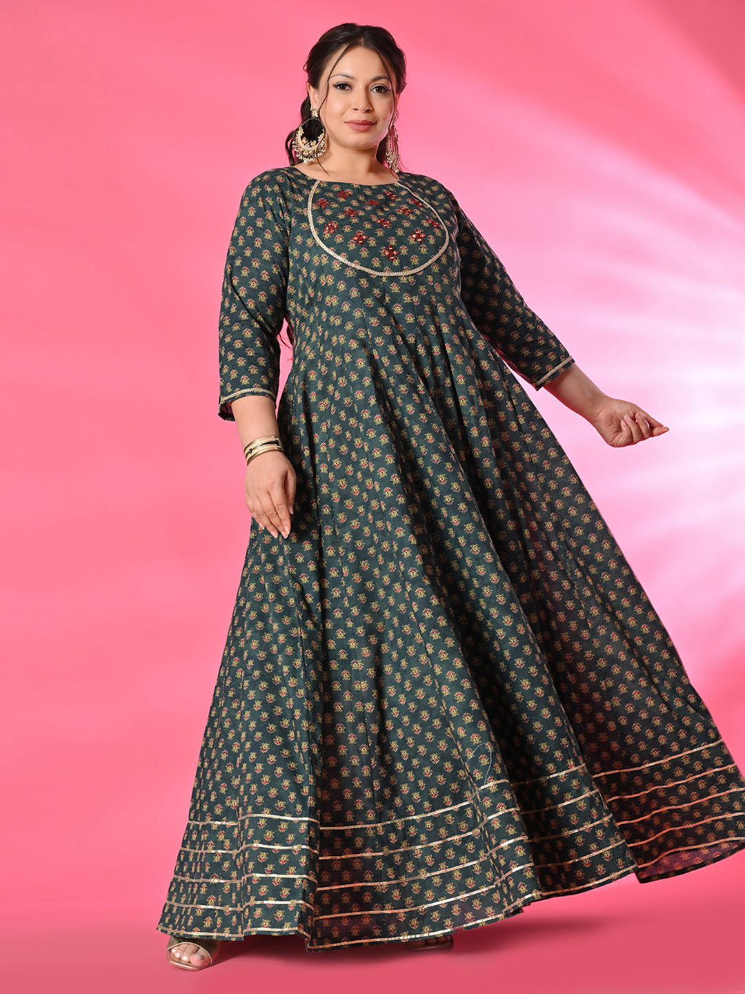 Plus Size Mehreen Blue Printed Anarkali Set with Rust Dupatta