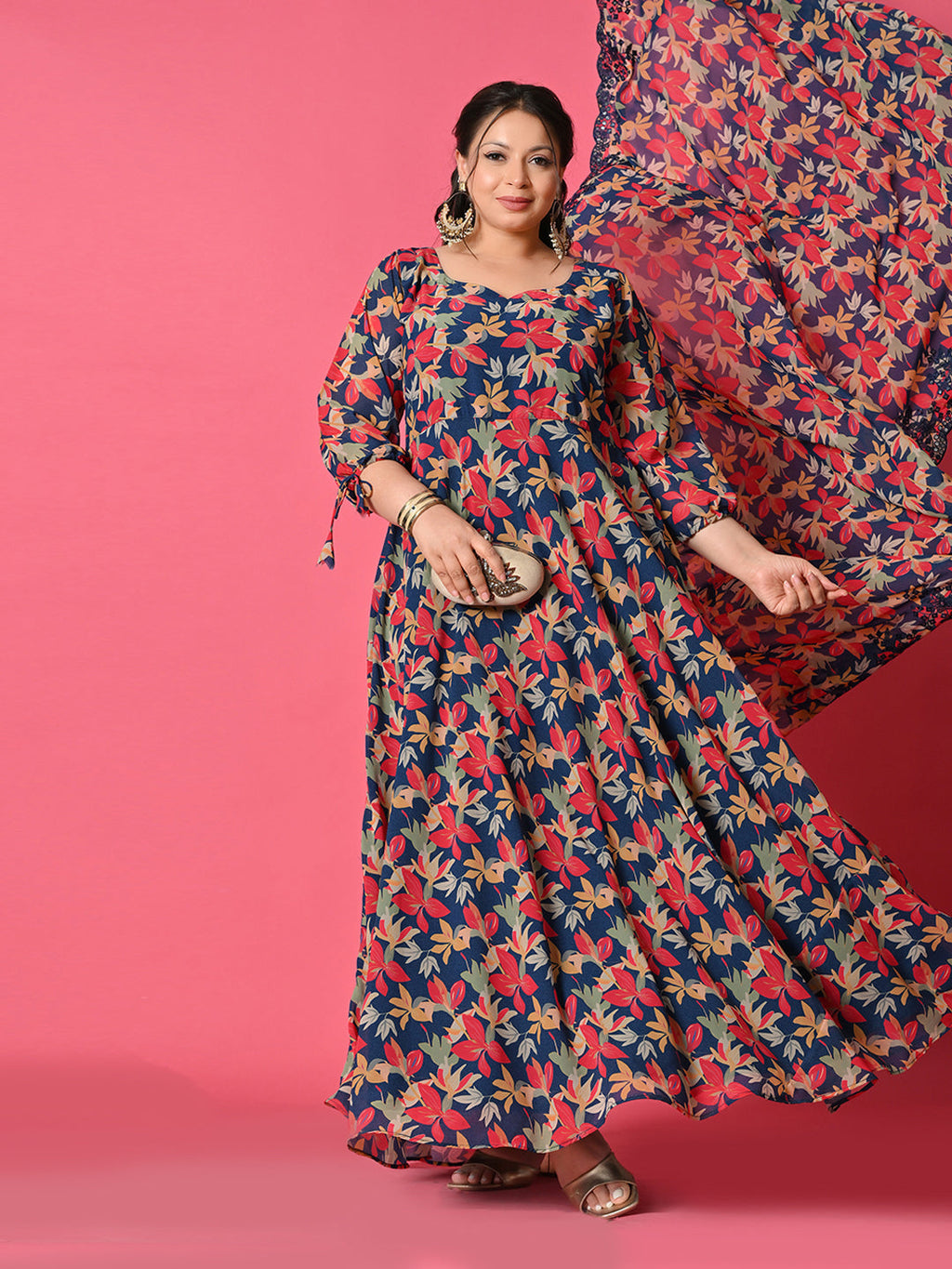 Plus Size Teal Blue Digital Printed Anarkali with Dupatta