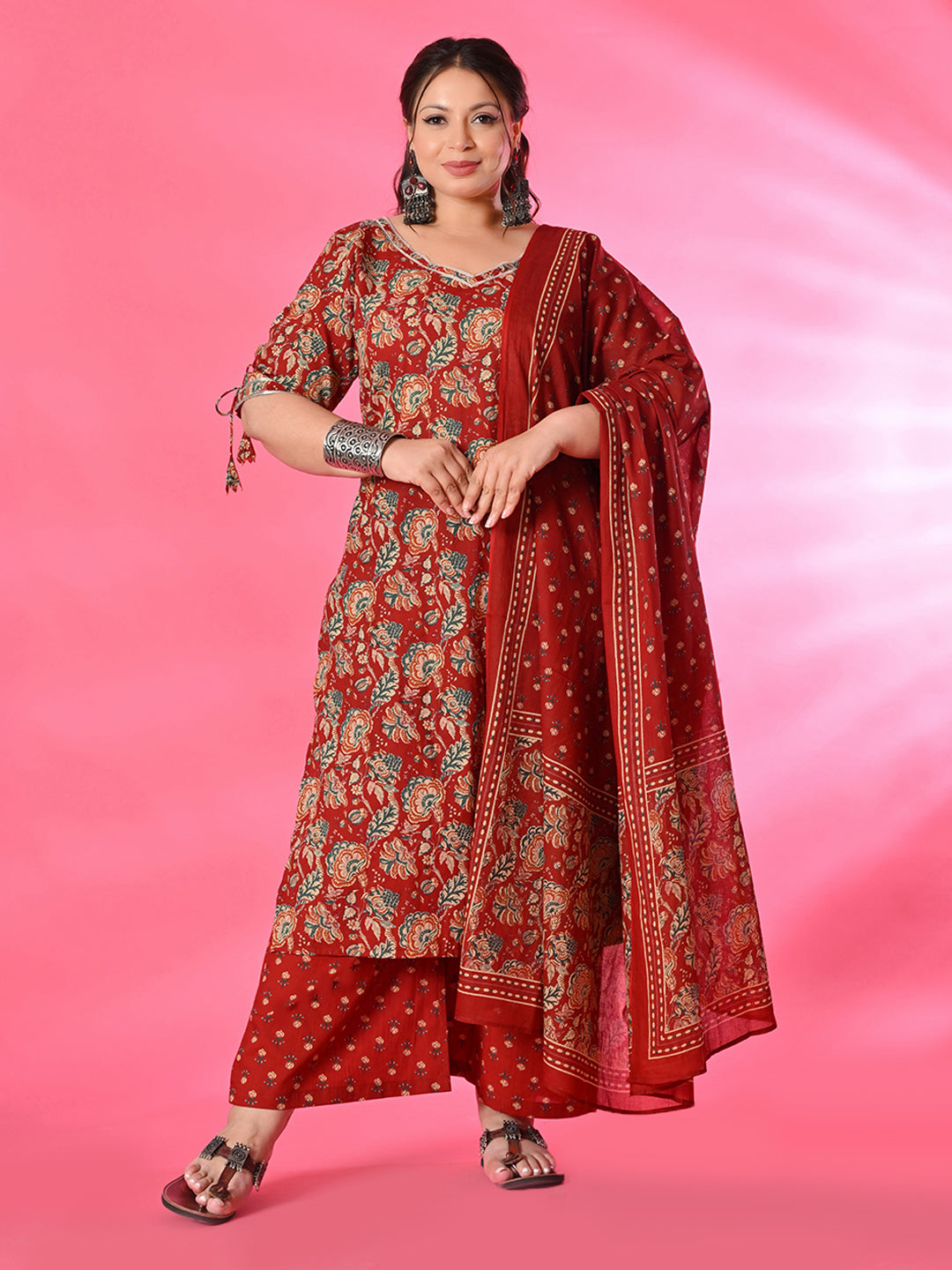 Plus Size Maroon Pure Cotton Printed Kurta Set with Dupatta