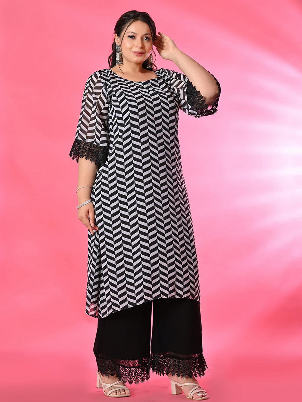 Plus Size Black Geometric Georgette Kurta Palazzo Set