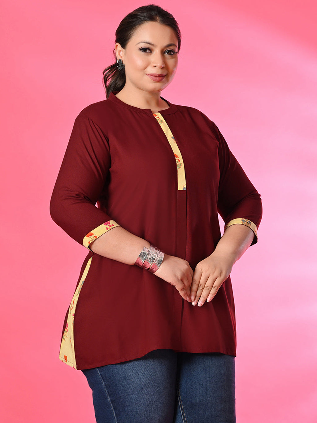 Plus Size Everyday Rust Contrast Detail Tunic Top