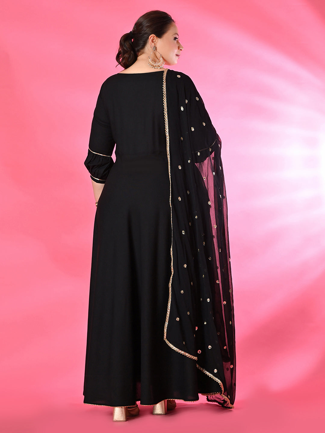 Plus Size Zehra Black Anarkali Kurta Set with Embellished Dupatta