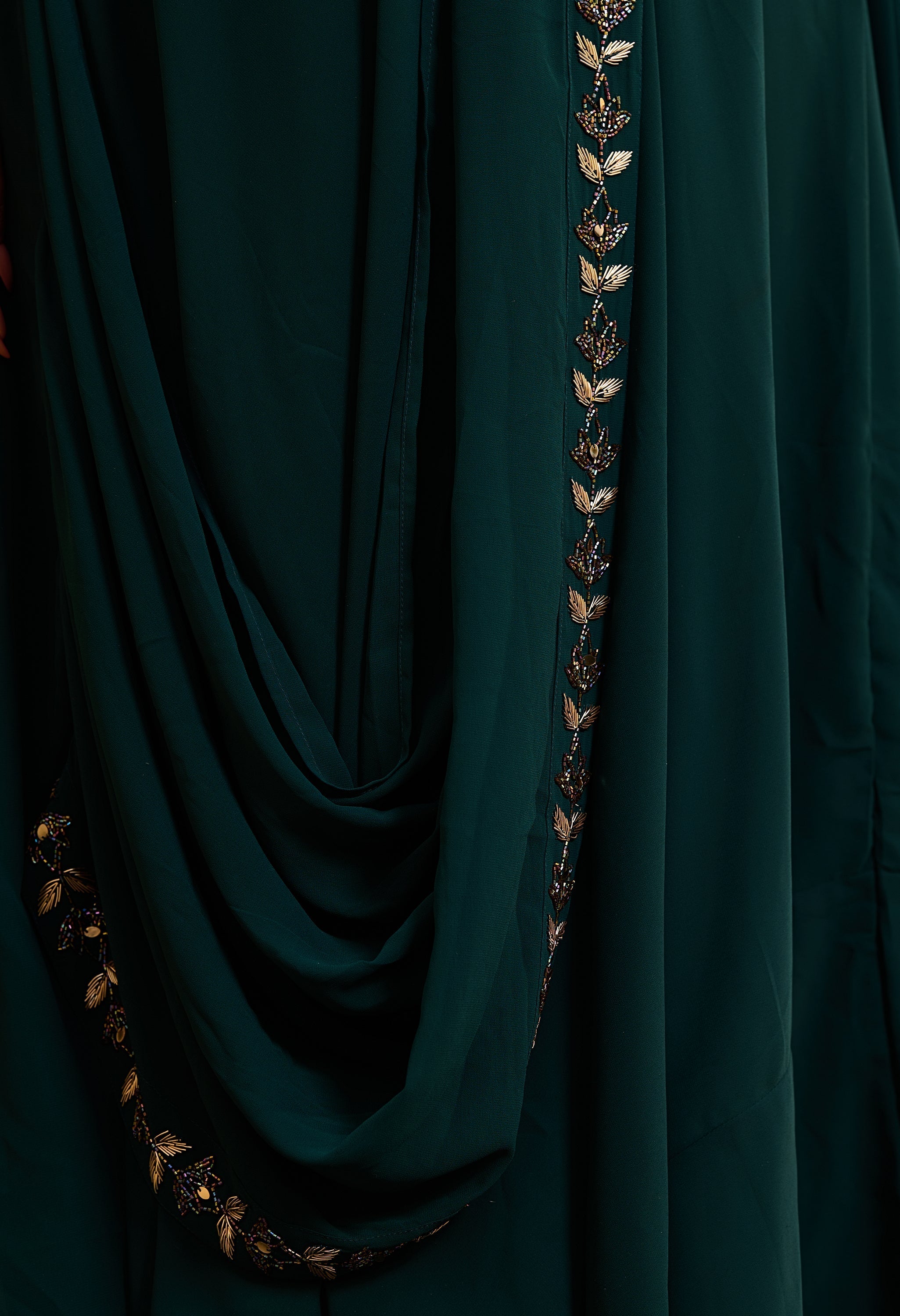 Plus Size Sizzling Bottle Green Embellished Georgette Drape Saree with Belt