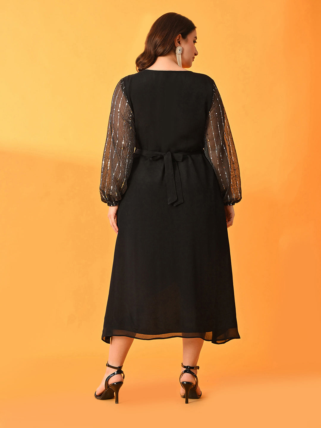 Plus Size Midnight Black Dress with Sheer Statement Sleeves