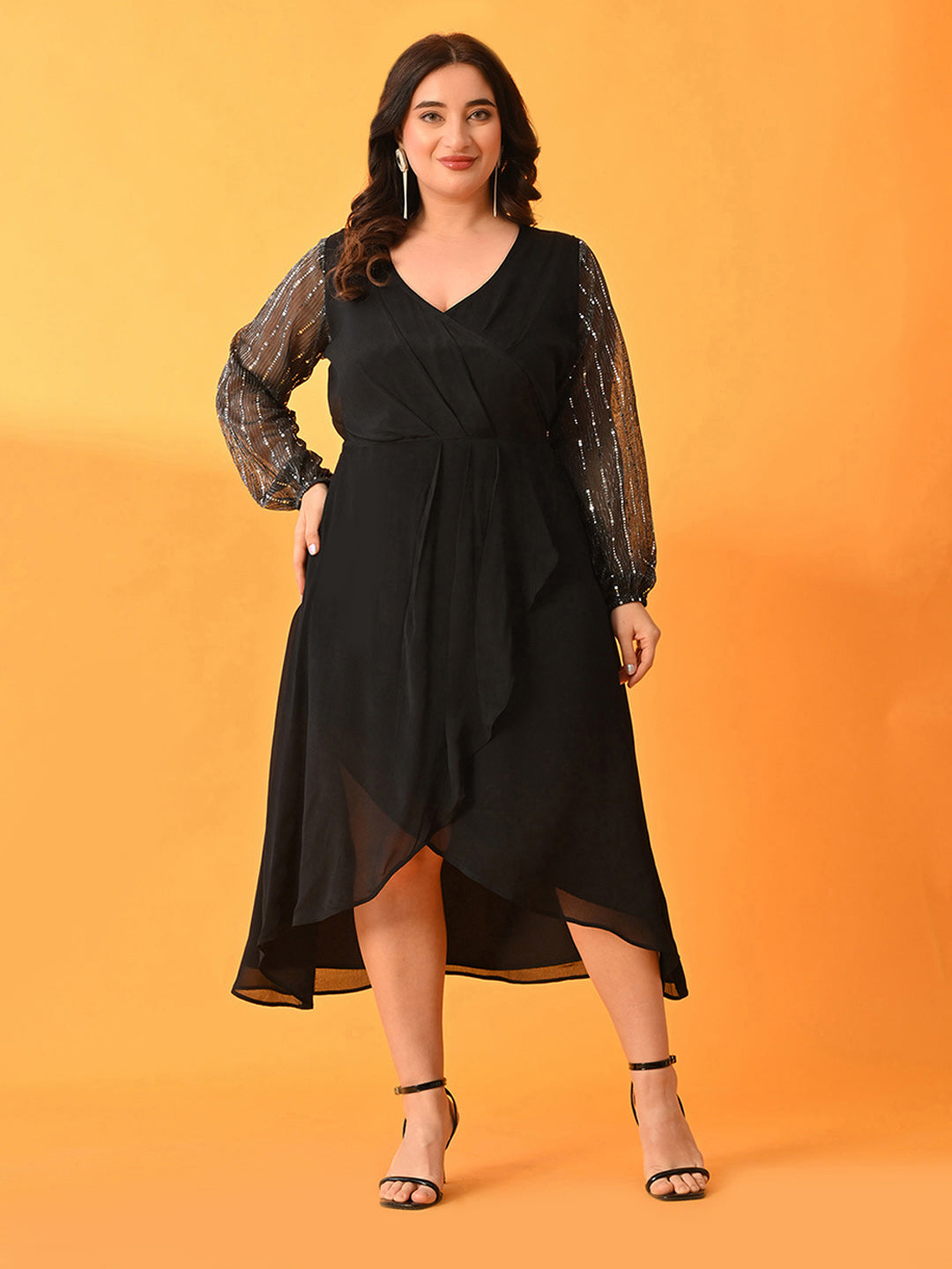Plus Size Midnight Black Dress with Sheer Statement Sleeves