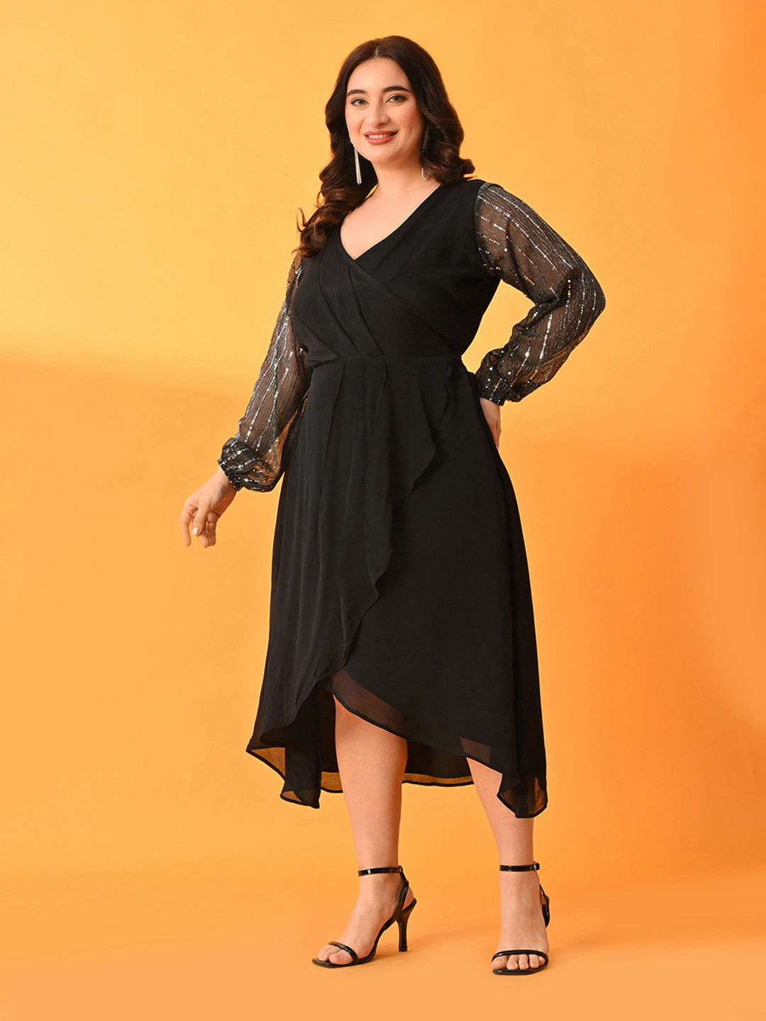 Plus Size Midnight Black Dress with Sheer Statement Sleeves