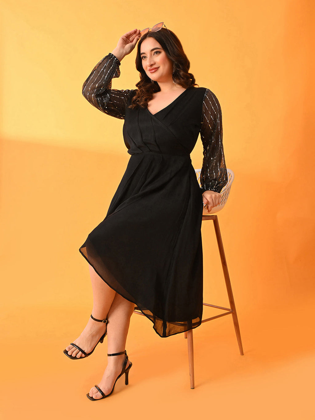 Plus Size Midnight Black Dress with Sheer Statement Sleeves