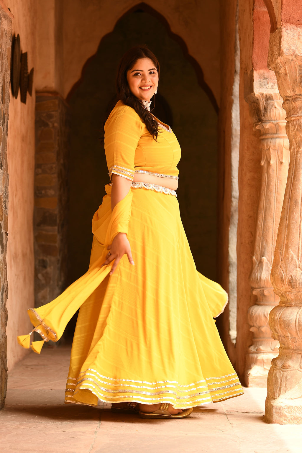 Plus Size Bright Yellow Mirror Lehenga Choli with Dupatta