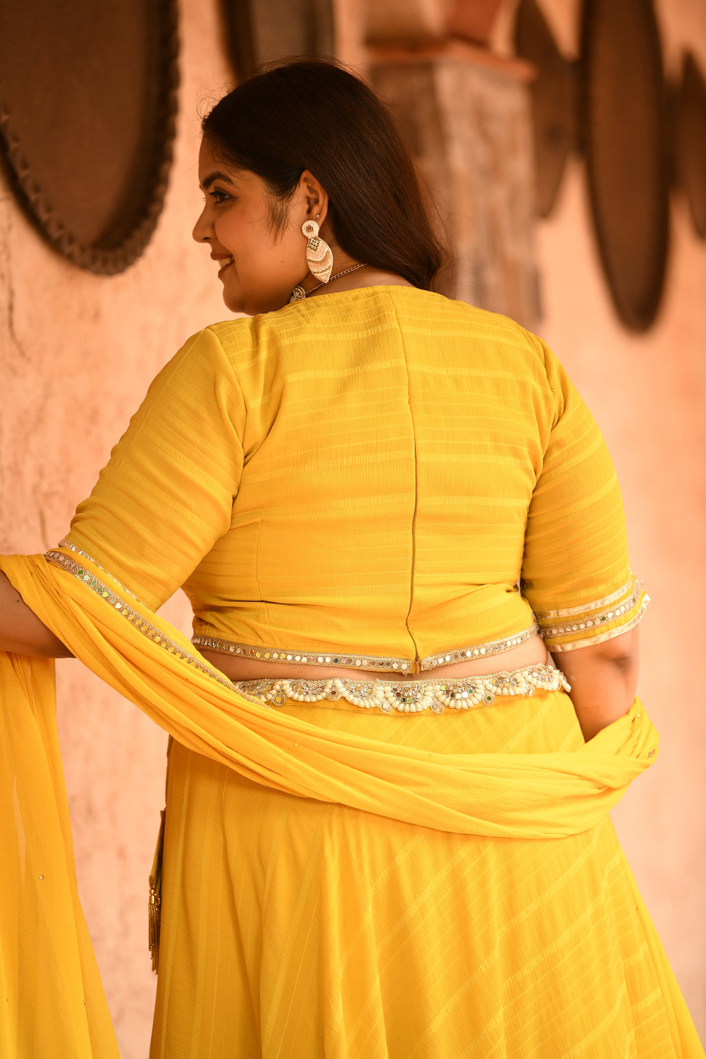 Plus Size Bright Yellow Mirror Lehenga Choli with Dupatta