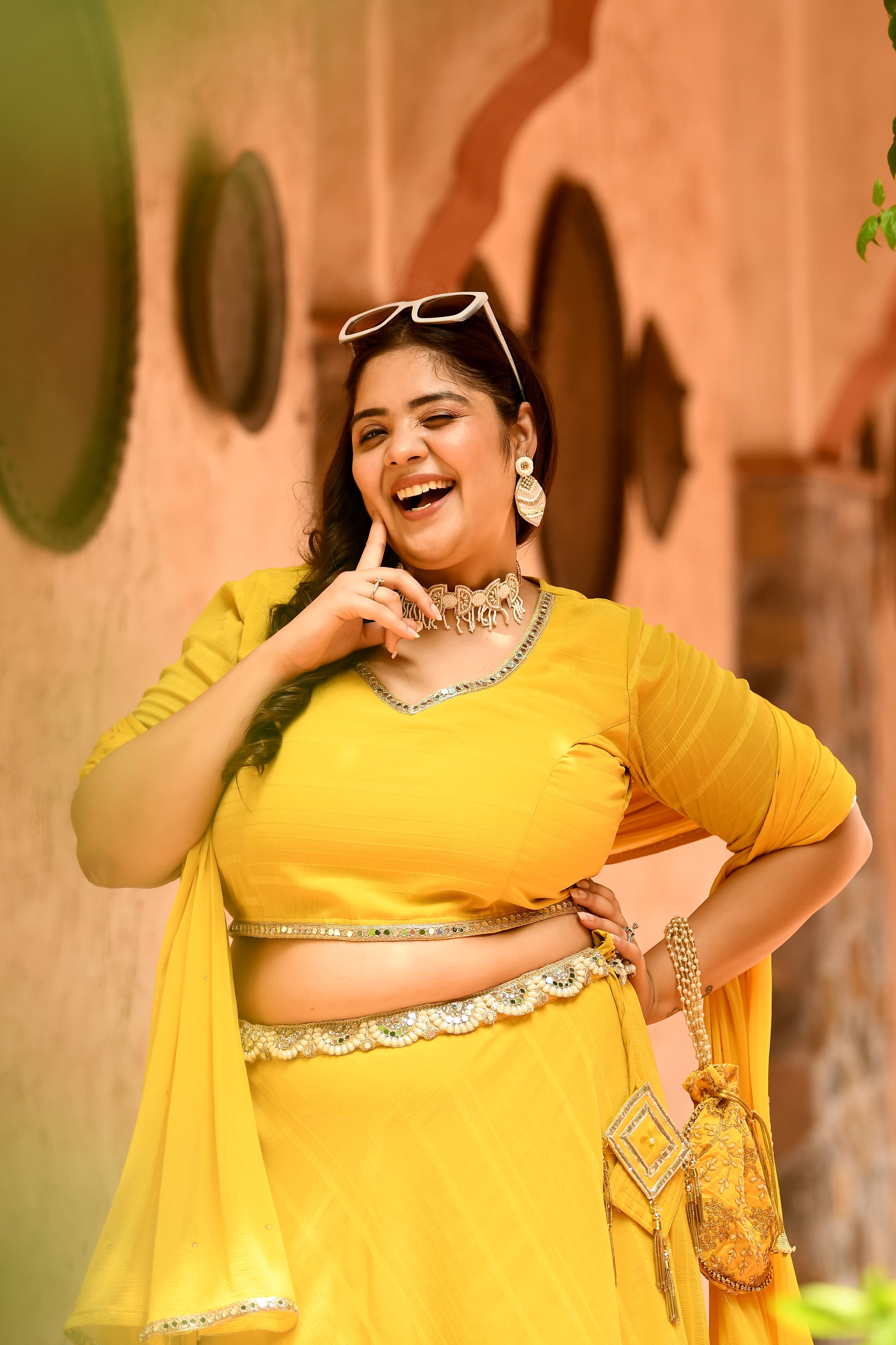 Plus Size Bright Yellow Mirror Lehenga Choli with Dupatta