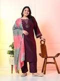 Plus Size Wine Embroidered Kurta Set with Double Dyed Dupatta