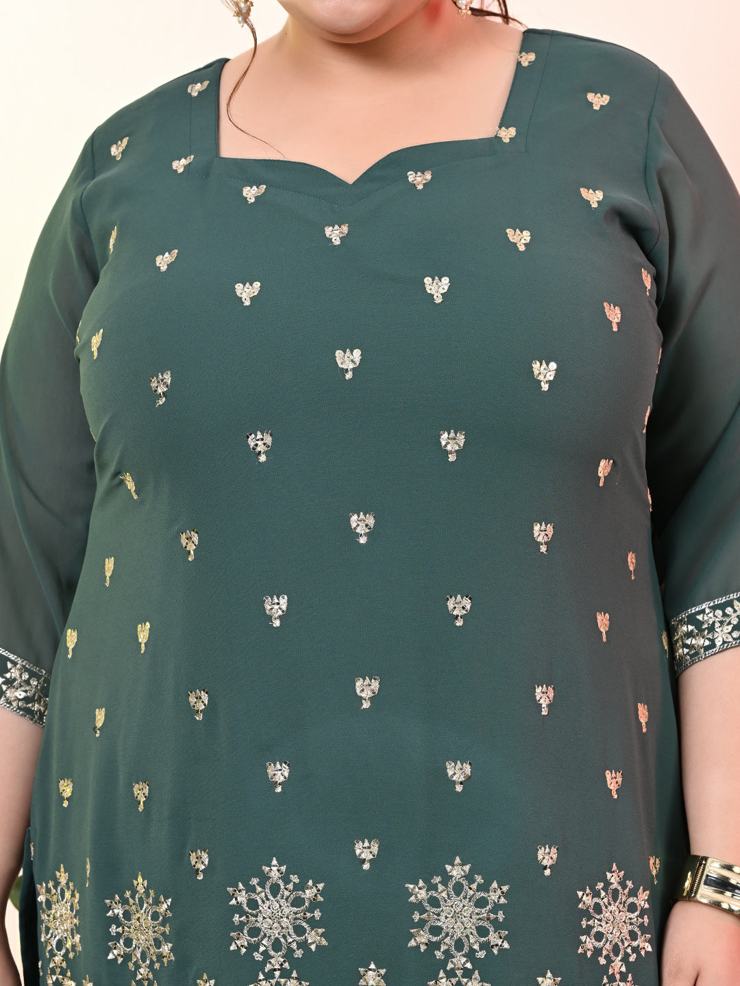 Plus Size Sea Green Embroidered Kurta Set with Dupatta