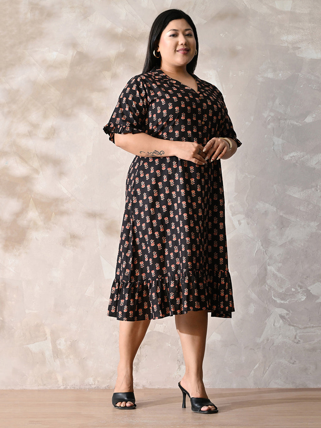 Midnight Petal Royale Cotton Dress with Soft Flare Silhouette