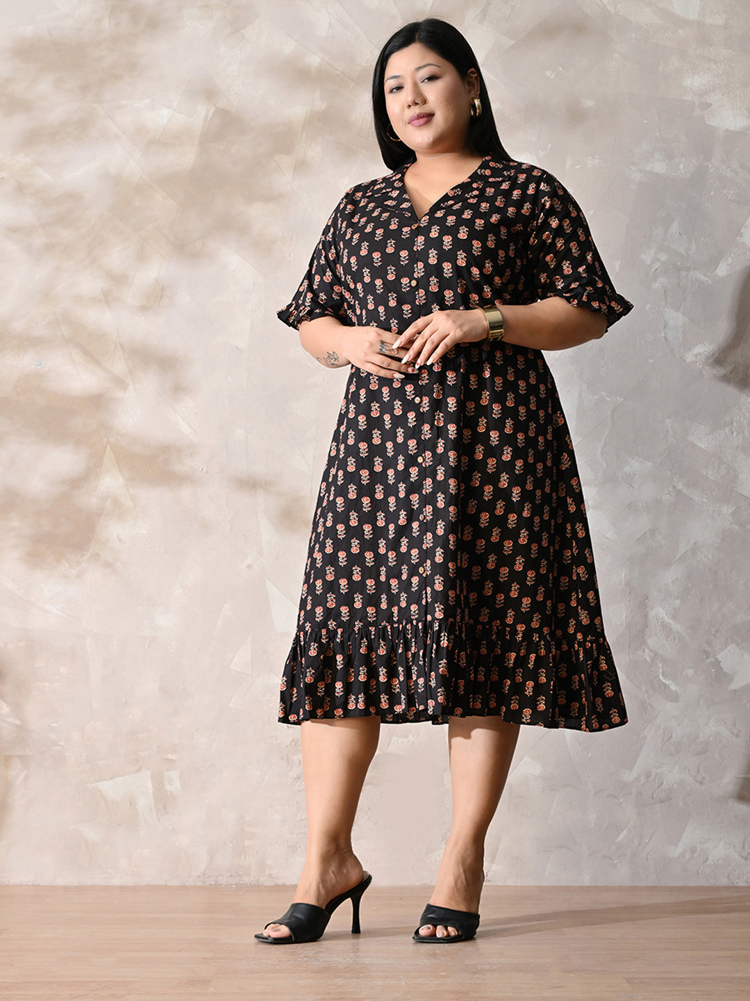 Midnight Petal Royale Cotton Dress with Soft Flare Silhouette