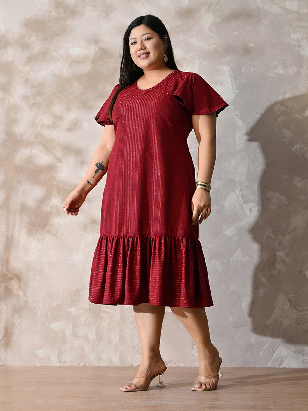 Scarlet Shine Royale Lycra Midi Dress with Flowy Hemline