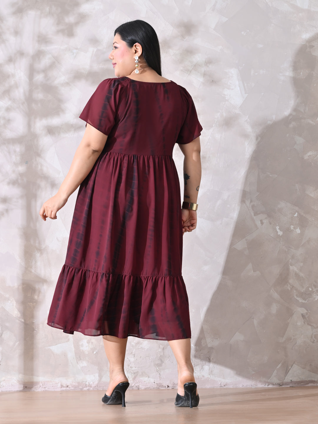 Deep Maroon Tie-Dye Smocked Georgette Midi Dress with Flowy Silhouette