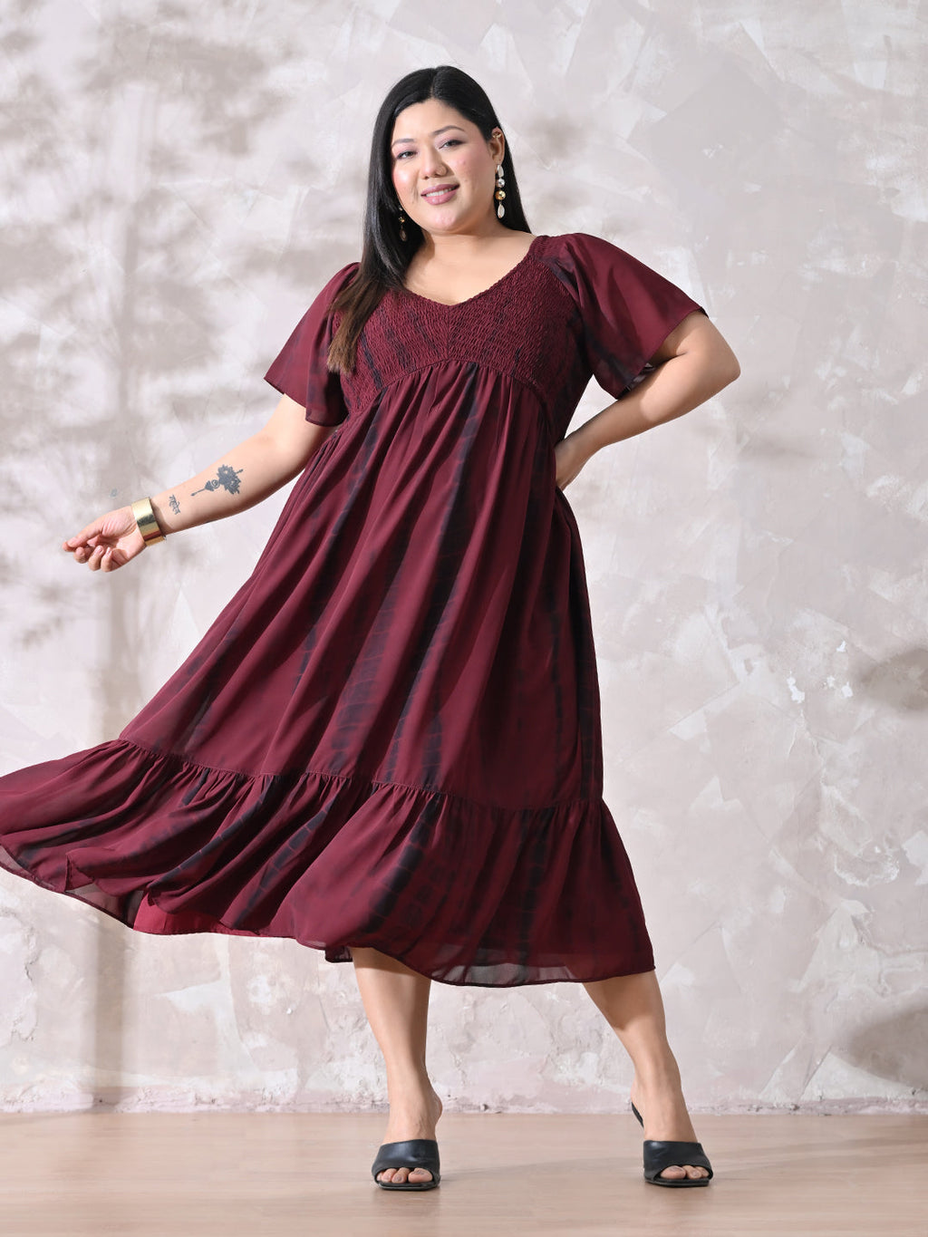 Deep Maroon Tie-Dye Smocked Georgette Midi Dress with Flowy Silhouette
