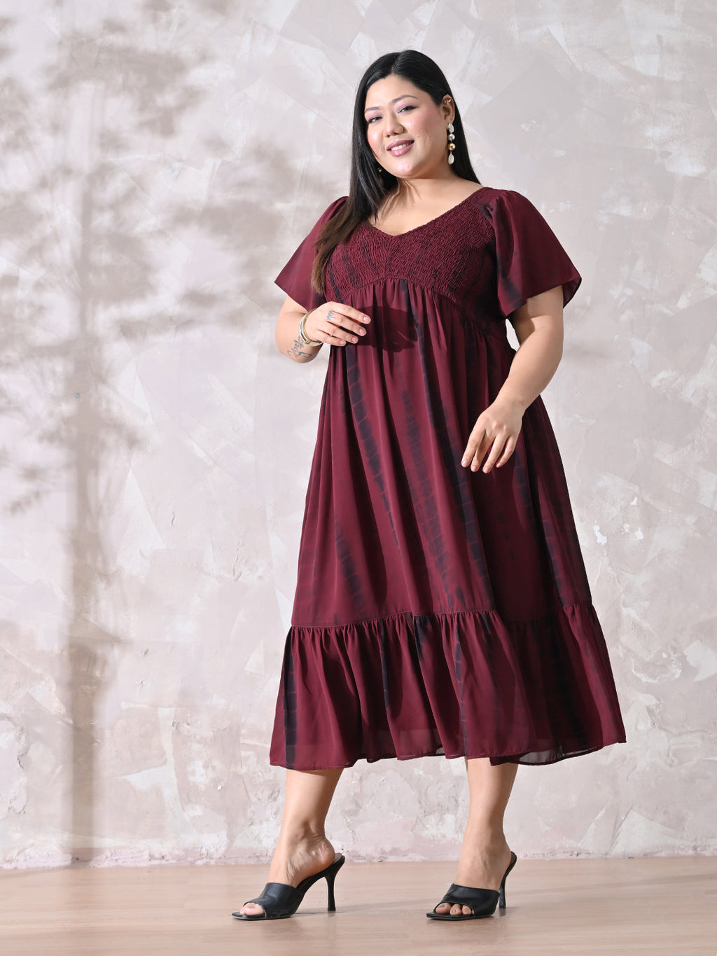 Deep Maroon Tie-Dye Smocked Georgette Midi Dress with Flowy Silhouette